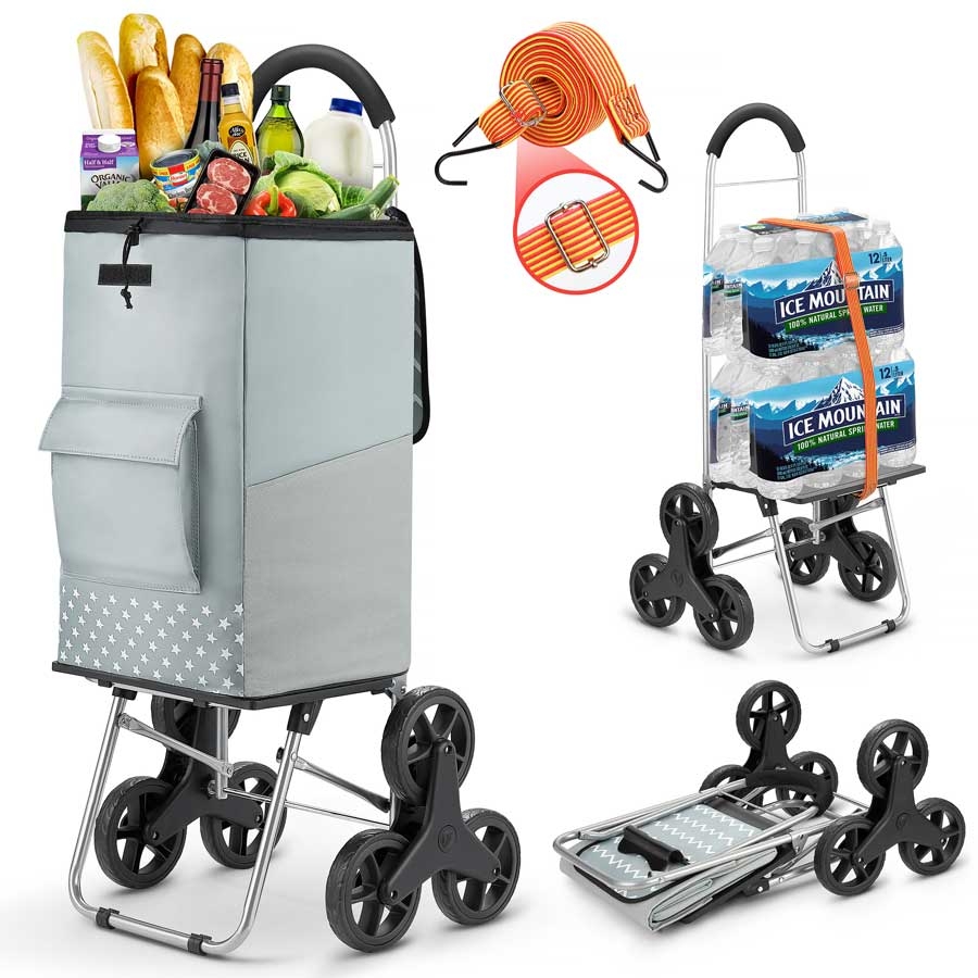 Shopping Cart, Heavy Duty Stair Cart 220 lbs Capacity Grocery Cart With Grey Large Shopping Bag Folding Shopping Cart With Adjustable Bungee Cord 