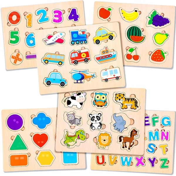 lenbest 6PCS Montessori Wooden Jigsaw Puzzles with Words and Colorful Images - Traffic Animals Fruits Letters Shapes and Numbers - Educational Learning Gifts for 3+ Year Olds kids Toddlers Girls Boys