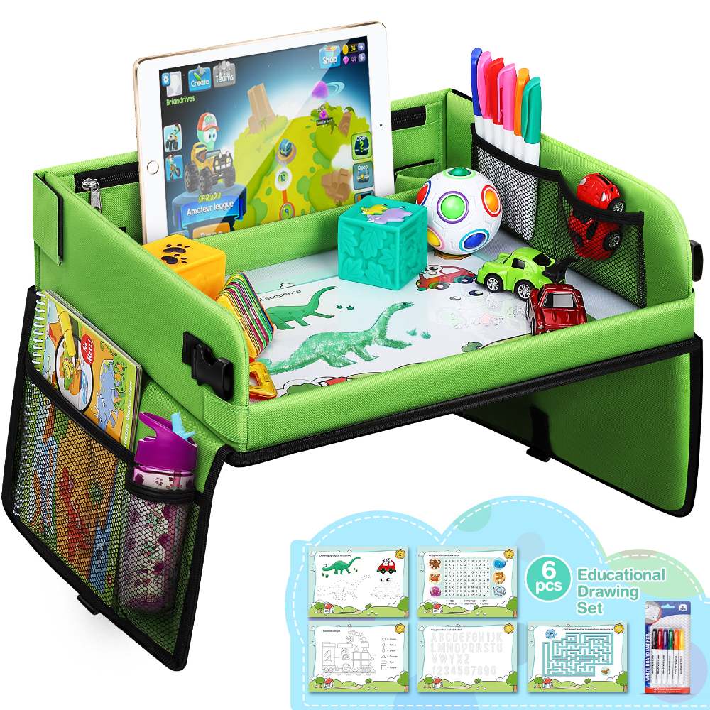 lenbest Travel Tray, Indoor & Outdoor Learning Educational Toys Play Tray Lap Desk with Dry Erase - 6 Pens & 5 Drawing Papers - Multifunctional Activity Creative Games Toy Tray for Boys Girls