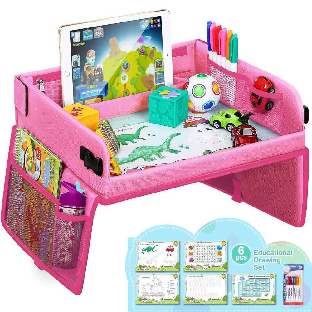 lenbest Kids Travel Tray - 2 in 1 Kids Car Lap Tray & Car Organiser, Multifunctional Travel Table with Transparent Erasable Surface & Large Storage Space - Travel Games Easter Gifts for Kids